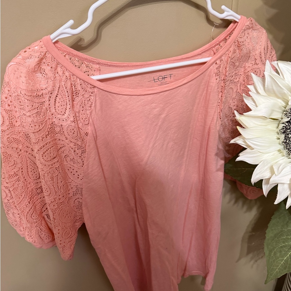 LOFT Coral-Pink Lace Sleeve Short Sleeve Tee